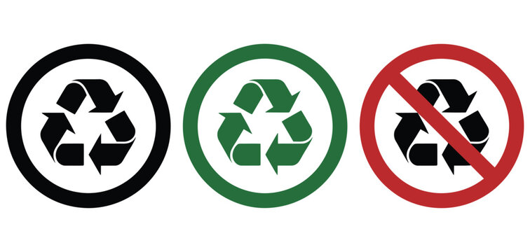 Recycle and recycling not allowed sign vector icon set, clean flat illustration of no recycling symbols for waste segregation rules environmental protection guidance and sustainable resource 