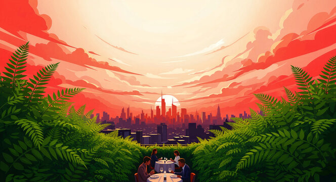 People dining at a luxury rooftop restaurant overlooking a city skyline at sunset. Vibrant clouds frame the urban landscape and lush green foliage. High-end dining concept for marketing.