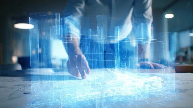 Digital Blueprint: An architect is examining a 3D model of a building on a modern digital interface, visualizing the architectural blueprint with futuristic and technological precision.