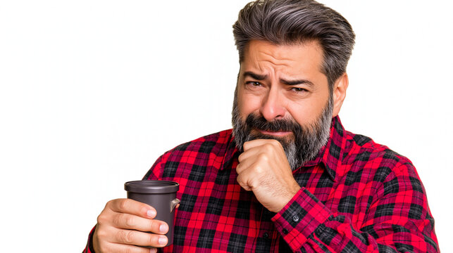 Mature bearded man wearing red plaid shirt drinking hot coffee from reusable travel cup