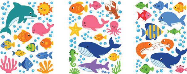 Colorful ocean animals collection featuring dolphin whale fish octopus seahorse and coral, cute cartoon marine life vector illustration set for kids design © Bokul