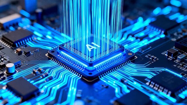 AI chip on circuit board with glowing lines
