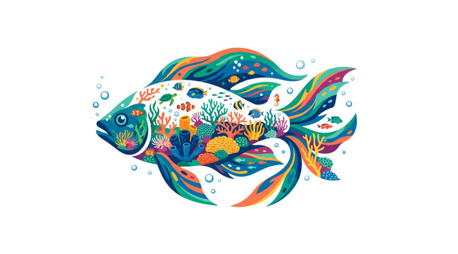 Colorful tropical fish silhouette vector filled with coral reef ecosystem and underwater marine life elements for ocean conservation awareness design