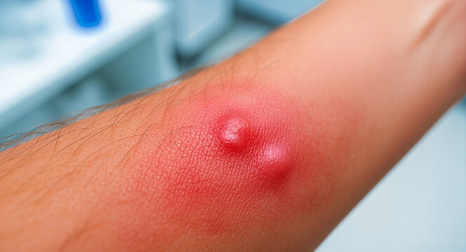 Close up of a large red inflamed boil or abscess on human arm skin. Skin infection showing swelling and a painful pustule. Medical dermatology concept for healthcare and disease education.
