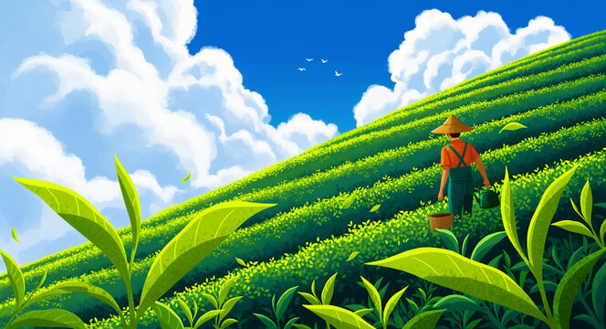 Farmer in conical hat walking through lush green tea plantation hills. Worker harvesting leaves in a terraced field under a blue sky. Organic farming concept for tea branding and rural tourism.