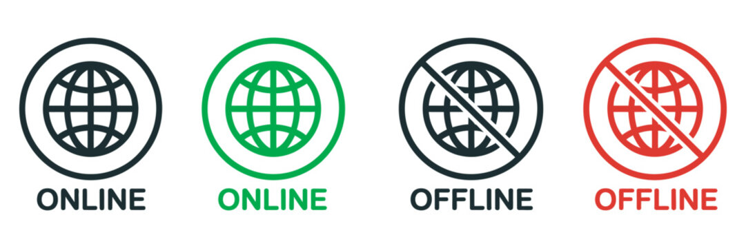 Online and offline internet icon set, red green connection symbols, connect disconnect network status, vector illustration, digital interface indicators