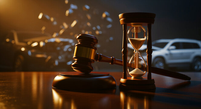 Judge gavel and hourglass on a desk with a blurred car accident background. Legal mallet and sand clock symbolizing insurance claim time limits. Justice concept for motor vehicle accident litigation.