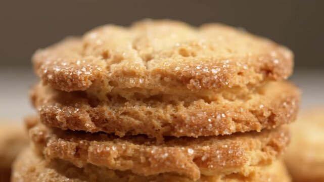 Close-up macro shot of stacked golden shortbread cookies topped with sparkling sugar crystals, ready to eat as a sweet dessert or snack