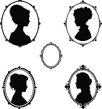 Black silhouette portraits of women in ornate oval frames