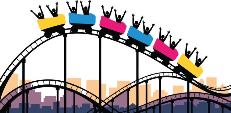 Roller coaster with 6 colorful carriages and cheering passengers on city silhouette vector