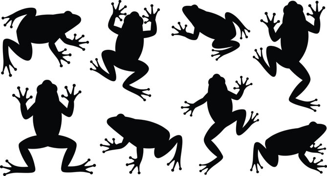 Black frog silhouettes in various poses 