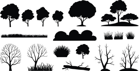 Collection of black tree and grass silhouettes white © MDSHAHIN