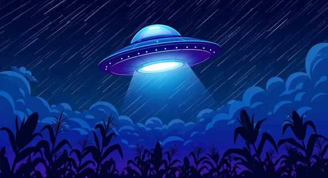 UFO flying saucer hovering over a cornfield at night. Alien spacecraft emitting a blue beam into the dark landscape. Sci-fi mystery concept, ideal for science fiction and paranormal media.