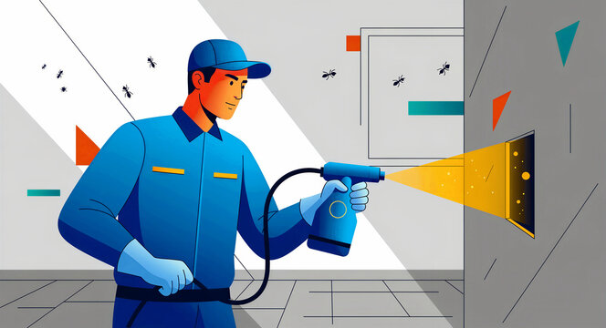 Professional exterminator spraying insecticide to eliminate an ant infestation. Specialist worker in uniform using equipment against insects. Sanitation concept for home maintenance marketing.