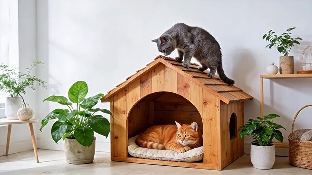 Cat on wooden house with another cat inside
