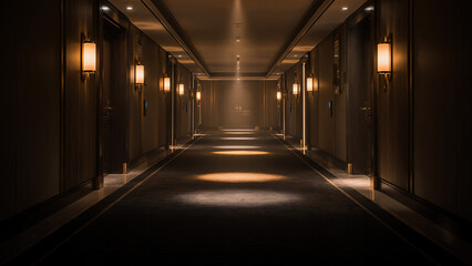 Naklejka premium A long, empty luxury hotel corridor in the middle of the night, soft, warm wall lamps creating cinematic pools of light on the dark carpeted floor.