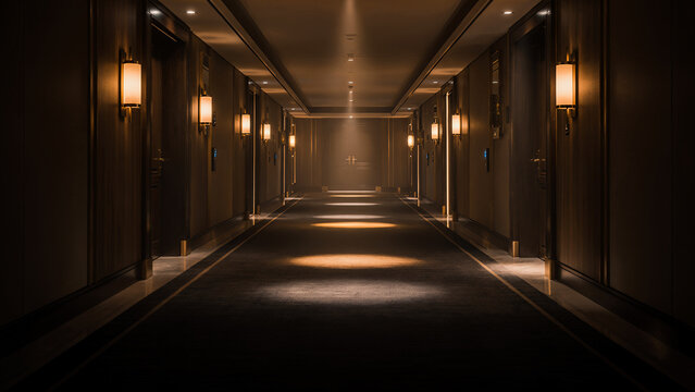 A long, empty luxury hotel corridor in the middle of the night, soft, warm wall lamps creating cinematic pools of light on the dark carpeted floor.