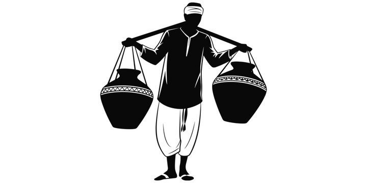 Silhouette of man carrying two decorated water pots on shoulder pole, traditional lifestyle culture artwork design concept illustration, flat vector illustration