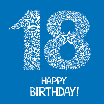 Happy birthday card. Celebration blue boy background with number eighteen and place for your text. Vector illustration