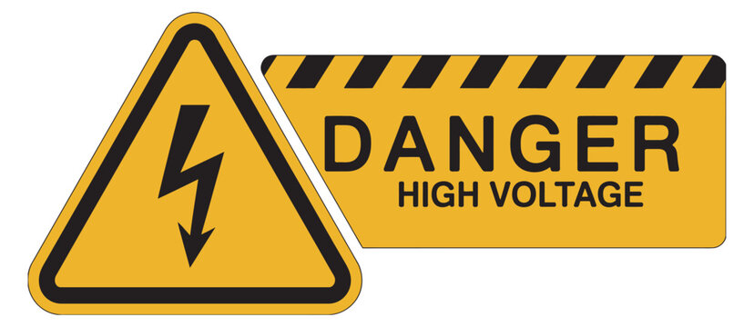 Electrical danger sign set, high voltage warning lightning symbol, yellow safety caution icon, industrial hazard signage vector illustration collection