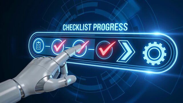 Robot hand pointing at checklist progress with task tracking and workflow icons symbolizing business project completion and management for tracking project progress and task completion