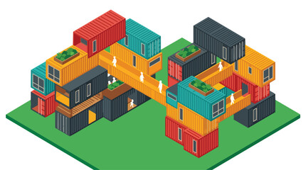 Naklejka premium Container Based Modular Architecture Concept Featuring People Exploring a Sustainable Urban Living Space Illustration
