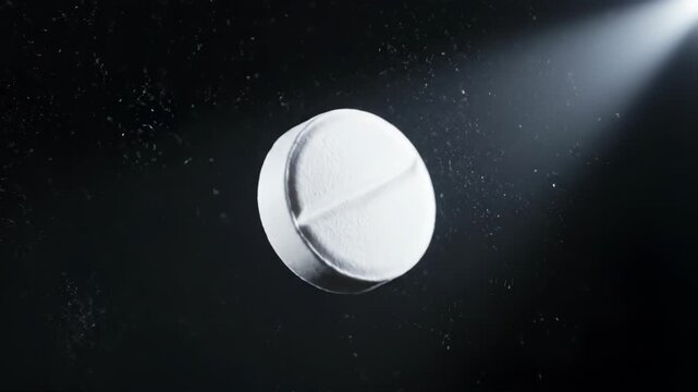 A single white pill suspended in mid-air against a dark background, surrounded by a spray of particles, creates a dramatic and clinical visual.