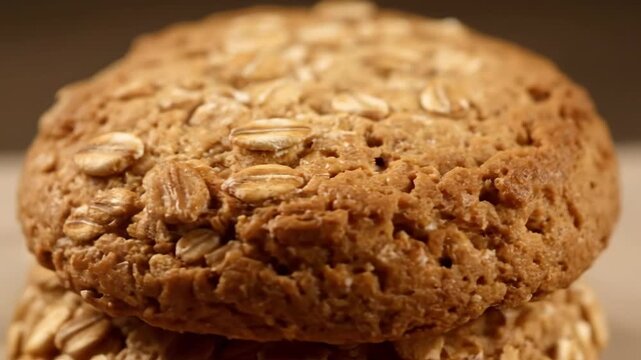 Extreme close-up of delicious oatmeal cookies stacked, highlighting the rustic texture and golden brown color of the freshly baked dessert snack.