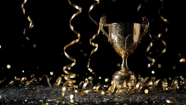 Golden Trophy Celebration: A gleaming golden trophy, the emblem of achievement, stands as the centerpiece of a festive scene, adorned with shimmering ribbons.