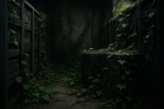 An abandoned server room with vines growing over the hardware