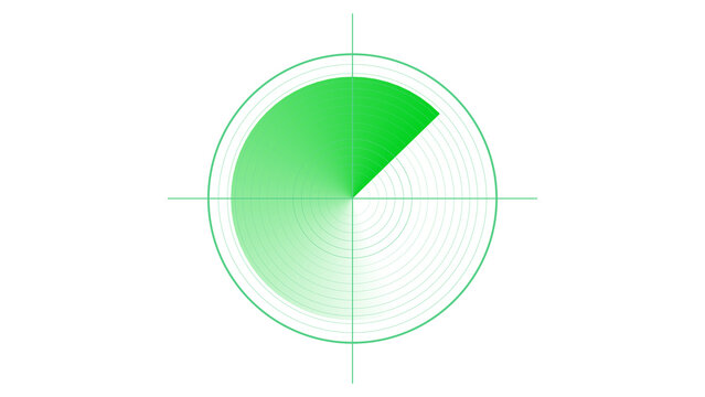 Green neon radar screen with large sweep sector on transparent background