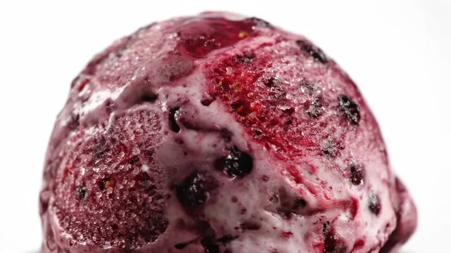 Macro shot of vibrant mixed berry ice cream scoop or sorbet with frosty texture and fruit pieces against a clean white background