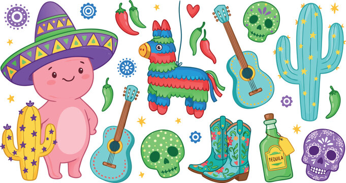 Colorful Mexican Fiesta Illustration Set Featuring Cute Characters Sombreros Pi&ntilde;atas Sugar Skulls and Traditional Cinco De Mayo Elements