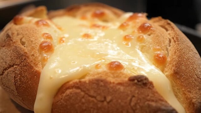 Macro shot of freshly baked bread bowl topped with bubbling, golden melted cheese, emphasizing gooey texture and crispy crust.