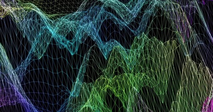 Abstract colorful glowing wave. Cyber digital stylized mesh art background. 4K 3D rendering loop animation.