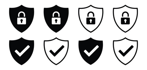 Security shield icon set, minimal black pictogram collection of lock security shield and validation check symbols for encryption safety compliance and online protection graphics. © Mizu Ahmed 2