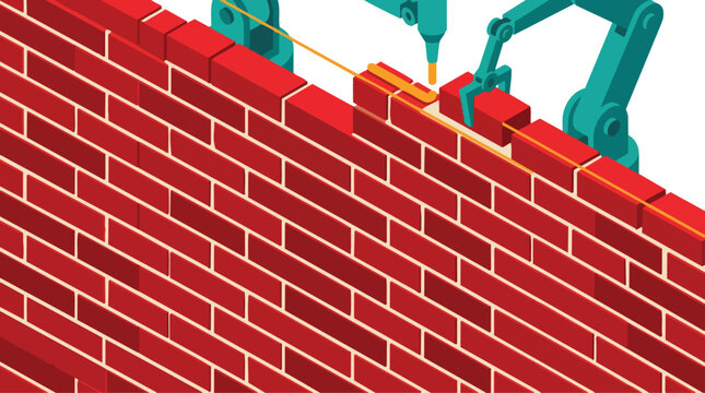 Robotic Arm Building a Brick Wall Demonstrating Automated Construction Technology and Future Industry Innovation in an Isometric Flat Design Illustration
