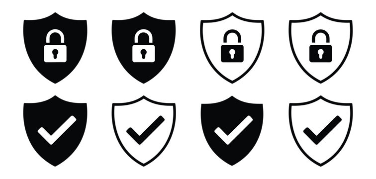 Security shield icon set, minimal black pictogram collection of lock security shield and validation check symbols for encryption safety compliance and online protection graphics.