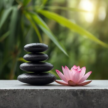 Pilha de pedras vulc&acirc;nicas pretas molhadas com flor de l&oacute;tus rosa sob luz natural, conceito de spa.