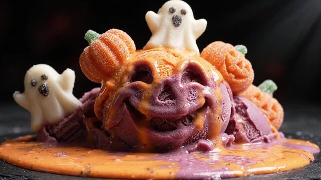 Festive Halloween ice cream dessert with spooky ghost and pumpkin decorations melting in a pool of orange glaze