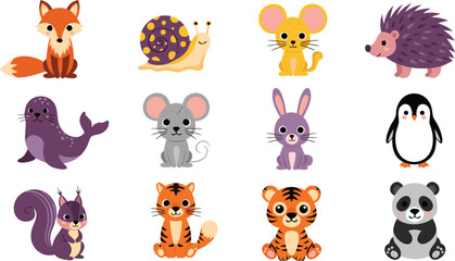 Cute animal character vector set featuring hand drawn fox, panda, penguin, tiger, hedgehog, snail, seal, and squirrel for nursery decor, children's books, and stickers © Bokul