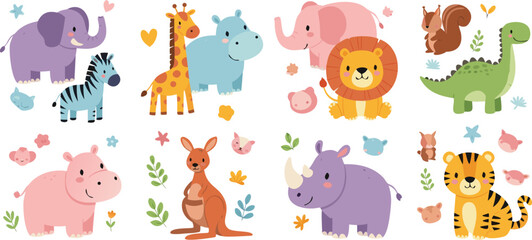 Cute animal character vector collection featuring hand drawn kawaii lion, elephant, giraffe, zebra, kangaroo, rhinoceros, and dinosaur for nursery decor, stickers, and children's books © Bokul