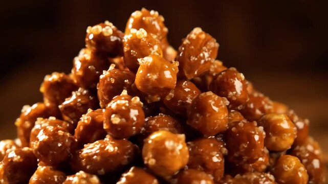 Close-up macro shot of caramelized sugared almonds piled high, featuring a shiny glaze and crystal sugar sprinkles on a moody, dark background.