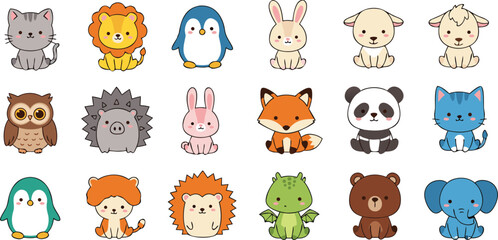 Cute animal characters collection set featuring lion penguin rabbit fox panda owl and dragon, cartoon vector illustration for kids, nursery and sticker design projects © Bokul