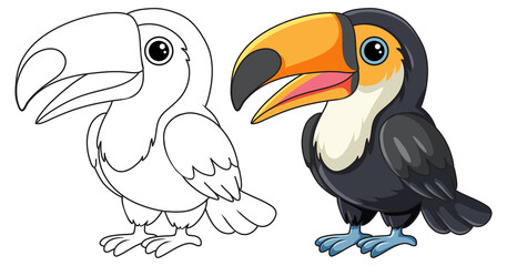 Obraz premium A cartoon toucan bird presented in both full color and black and white outline versions