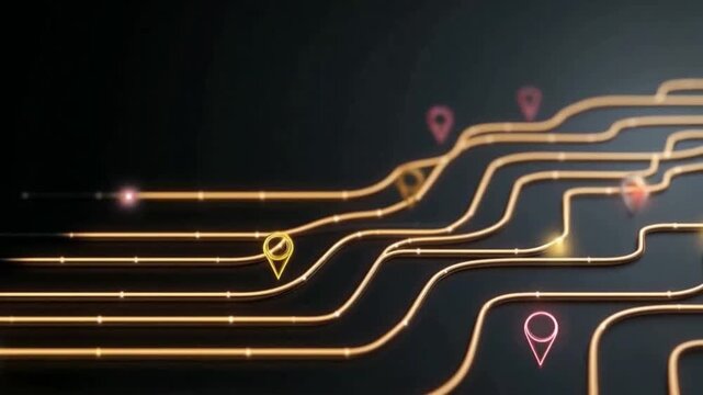 Network Navigation: An illuminated network of interconnected pathways guides the viewer's eye through a web of connectivity, punctuated by location markers.