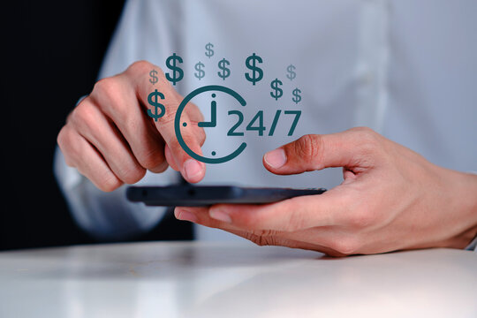 digital icons of clock and dollar signs, representing online banking, constant financial services, and global money transfers available any time