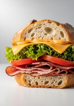 Detailed macro of a layered sandwich featuring crusty bread, melted golden cheese, crisp lettuce, ripe tomatoes, and savory sliced meats, nutrition, melted, grains