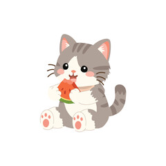 Fototapeta premium Cute grey kitten eating a watermelon slice. Kawaii cartoon cat sitting with fresh watermelon during a warm summer day