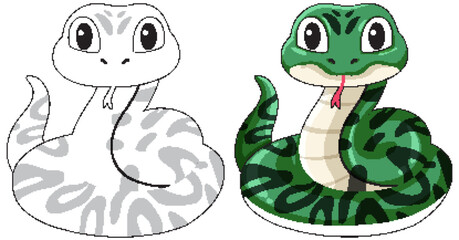 Fototapeta premium Cute Green Snake Cartoon Character with Coloring Page Version